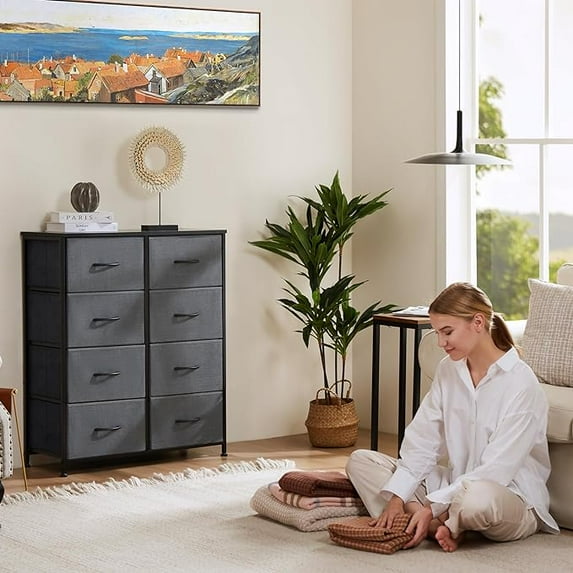 Dresser for Bedroom, Chest of Drawers, Closet Storage with 8 Drawers, Cloth Dresser Clothes Organizer Tower with Fabric Bins, Metal Frame, Wood Tabletop for Nursery, Kids Room