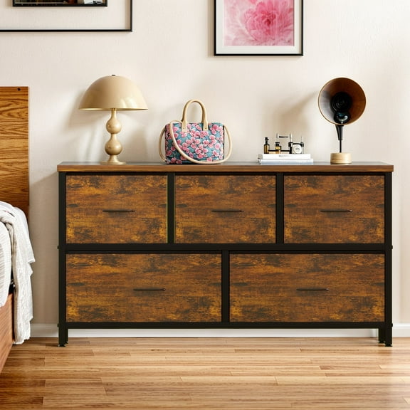 Dresser for Bedroom, Chests of Drawers, Storage Organizer with 5 Drawers, Sturdy Metal Frame, Wood Tabletop for Guest Room, Closet, Entryway, Nursery, Rust Brown