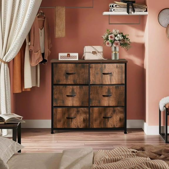 Dresser for Bedroom, Chests of Drawers, Storage Organizer with 6 Drawers, Sturdy Metal Frame, Wood Tabletop for Guest Room, Closet, Entryway, Nursery, Rust Brown