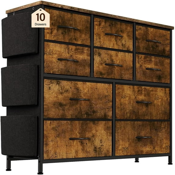Dresser for Bedroom,Cloth Storage Tower with 10 Drawers,TV Stand,10 Drawers Dresser,Chest of Drawers with Fabric Bins,Steel Frame,Wood Top for Bedroom, Kids Room,Closet,Entryway