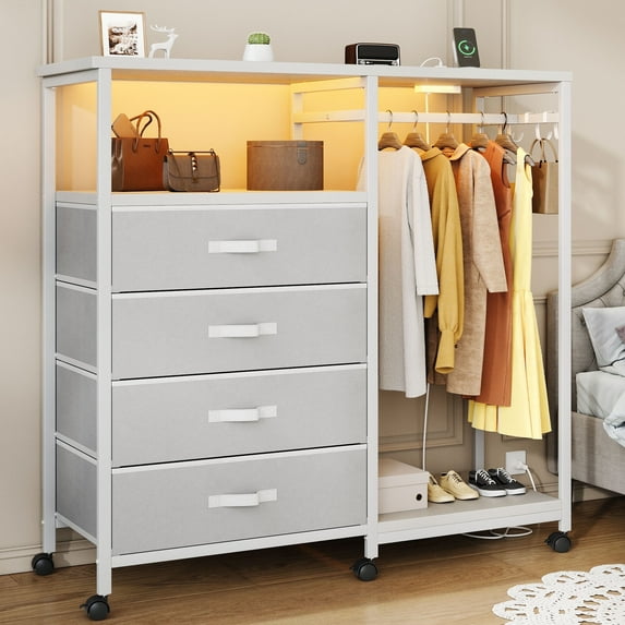 Bedroom Dresser with Hanging Rack, 4 Drawers Dresser with Charging Station and LED Lights, Storage Chest of Drawers with Clothes Rack and Wheels, Wooden Top, for Closet, Living Room, Hallway, White