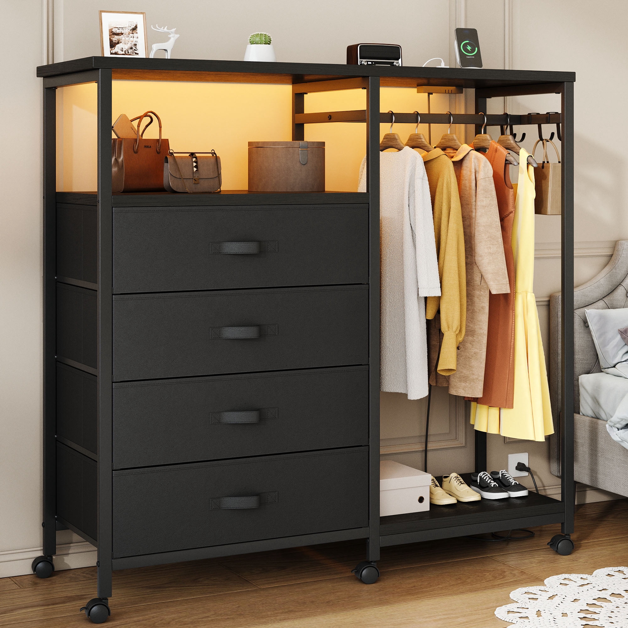 Bed Room Racks Bedroom Dresser with Hanging Rack, 4 Drawers Dresser with Charging ...