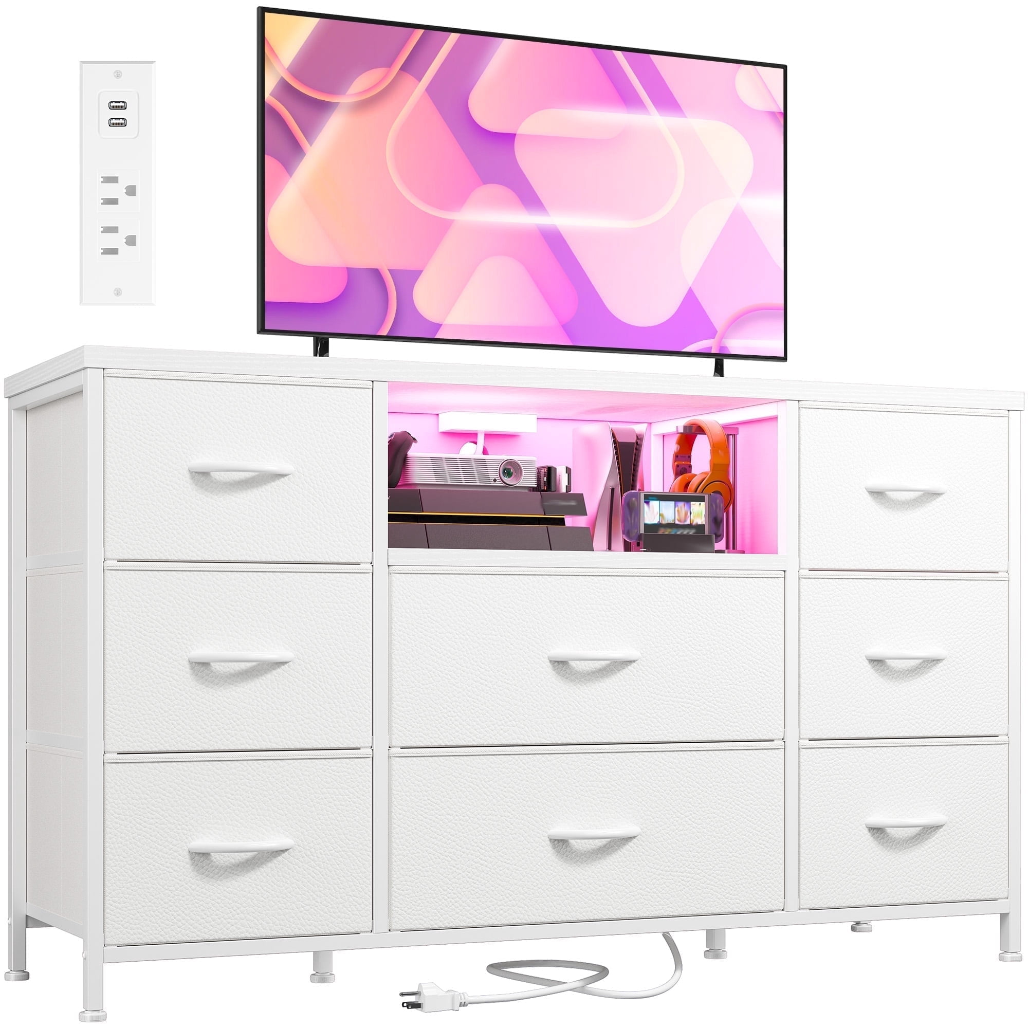 Dresser for Bedroom with LED Lights Chest of Drawers with Charging Station 8 Drawers Fabric Dresser,White