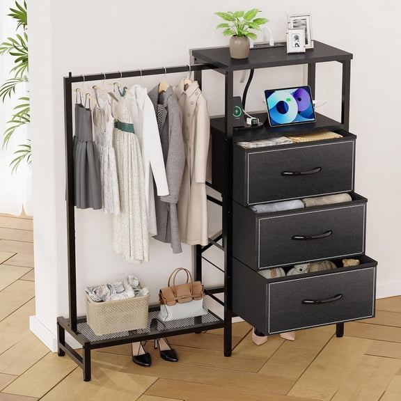 Dresser for Bedroom with Hanging Rack, 3 Drawers Closet with Charging Station, Faric Chest of Drawers with Clothes Rack, Storage Organzier for Hallway Entryway, Black