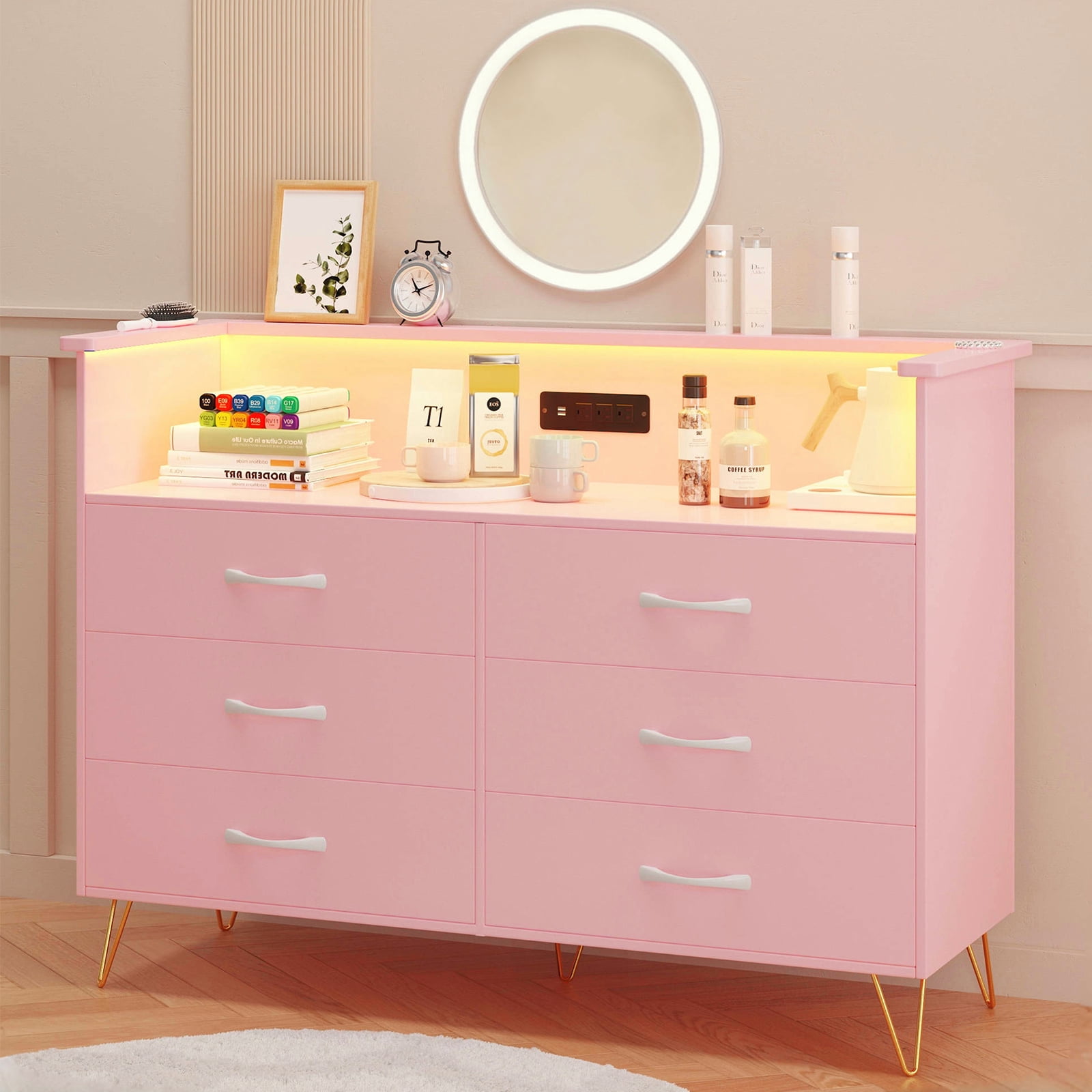Dresser for Bedroom with LED Light & Charging Station, 6 Drawers Wooden ...