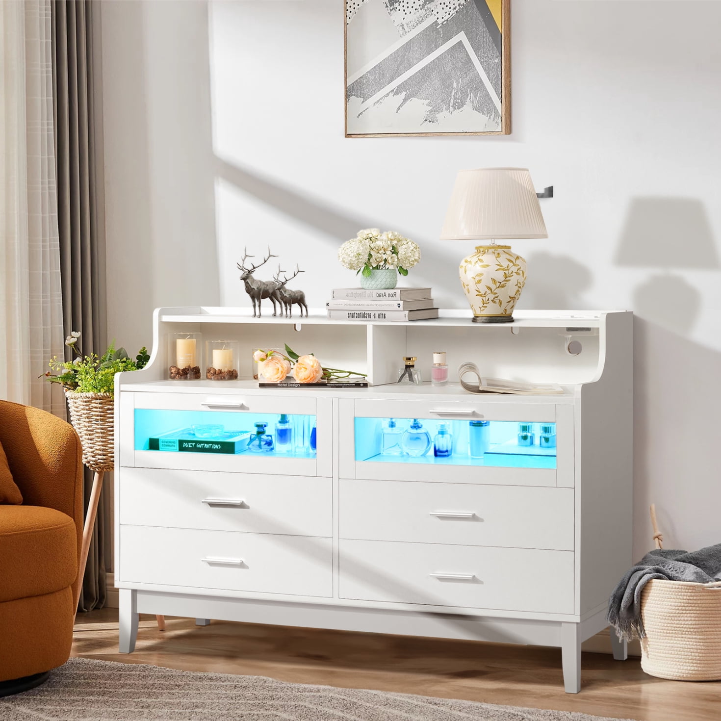 Dresser for Bedroom with LED Lights and Charging Station, Chest of 6 ...