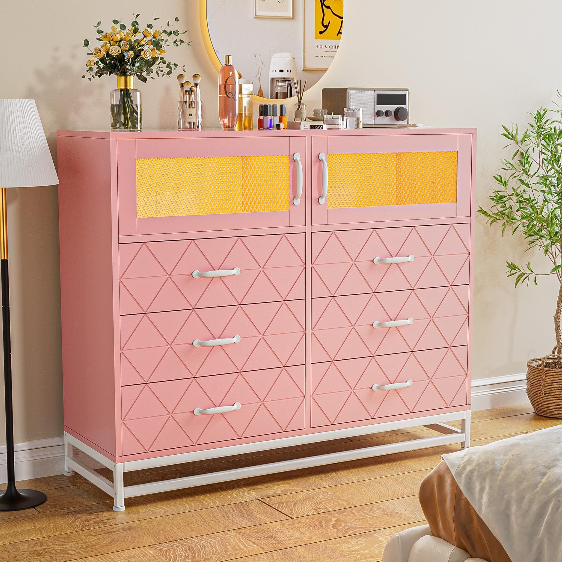 Pink Double Dresser with LED Lights and Charging Station