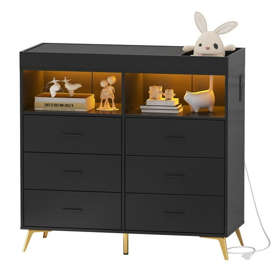 Dresser for Bedroom with LED Lights and Power Outlet, Baby Changing Table Dresser with 6 Drawers, 2 Open Storage Shelves, Baby Dresser with Changing Table Top