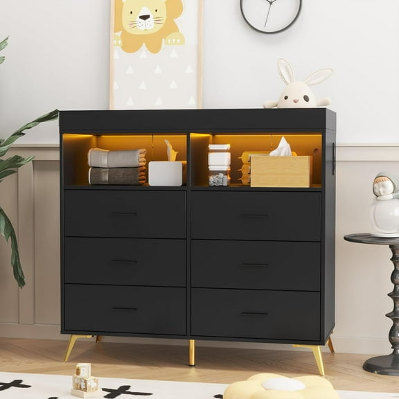 Dresser for Bedroom with LED Lights and Power Outlet, Baby Changing Table Dresser with 6 Drawers, 2 Open Storage Shelves, Baby Dresser with Changing Table Top