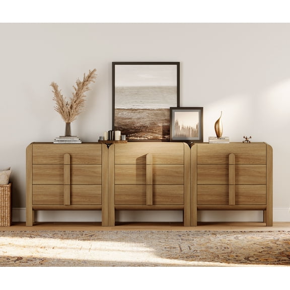Dresser for Bedroom, Mid Century Chest of Drawers with Storage, 9 Drawer Dresser with Curved Profile Design, Wooden Modern Dresser for Living Room, Bedroom, Entryway