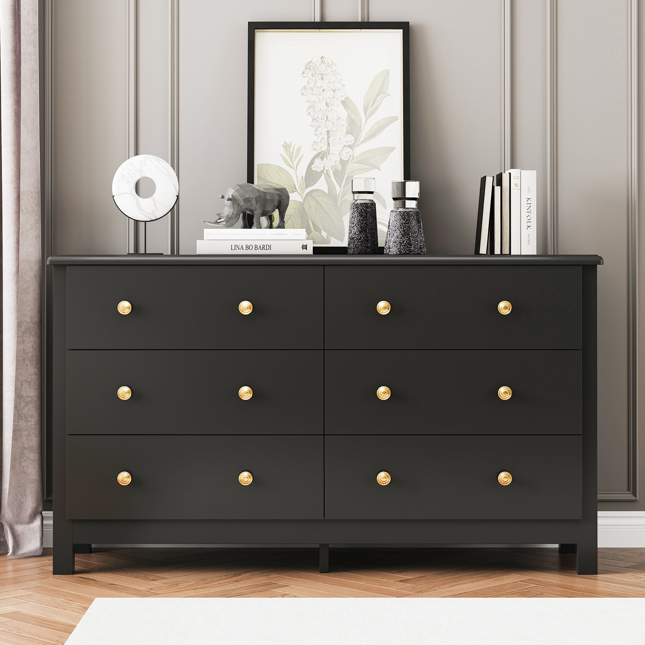 Dresser for Bedroom, Modern White 6 Drawer Dressers, Wide Chest of Drawer with Black Handles