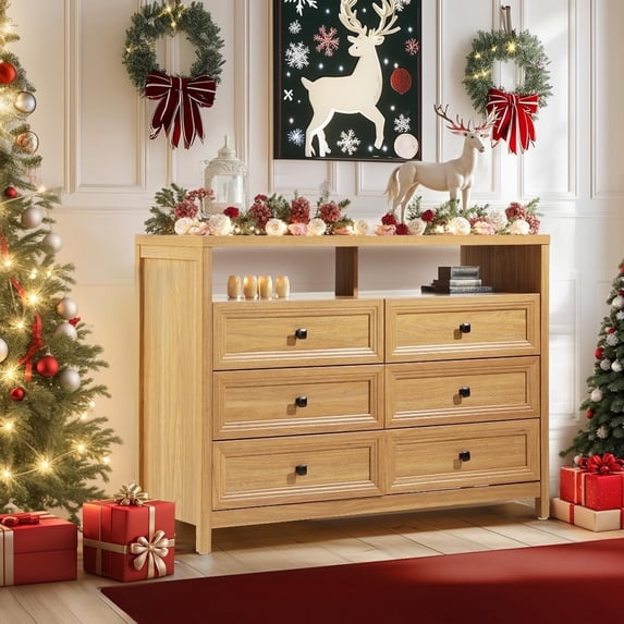 Dresser for Bedroom with Power Outlet, 47" Wide 6 Drawer Dresser with Extra Thick MDF Panel Frame, Wood Chests of Drawers for Bedroom, Hallway, Entryway, Natural Walnut