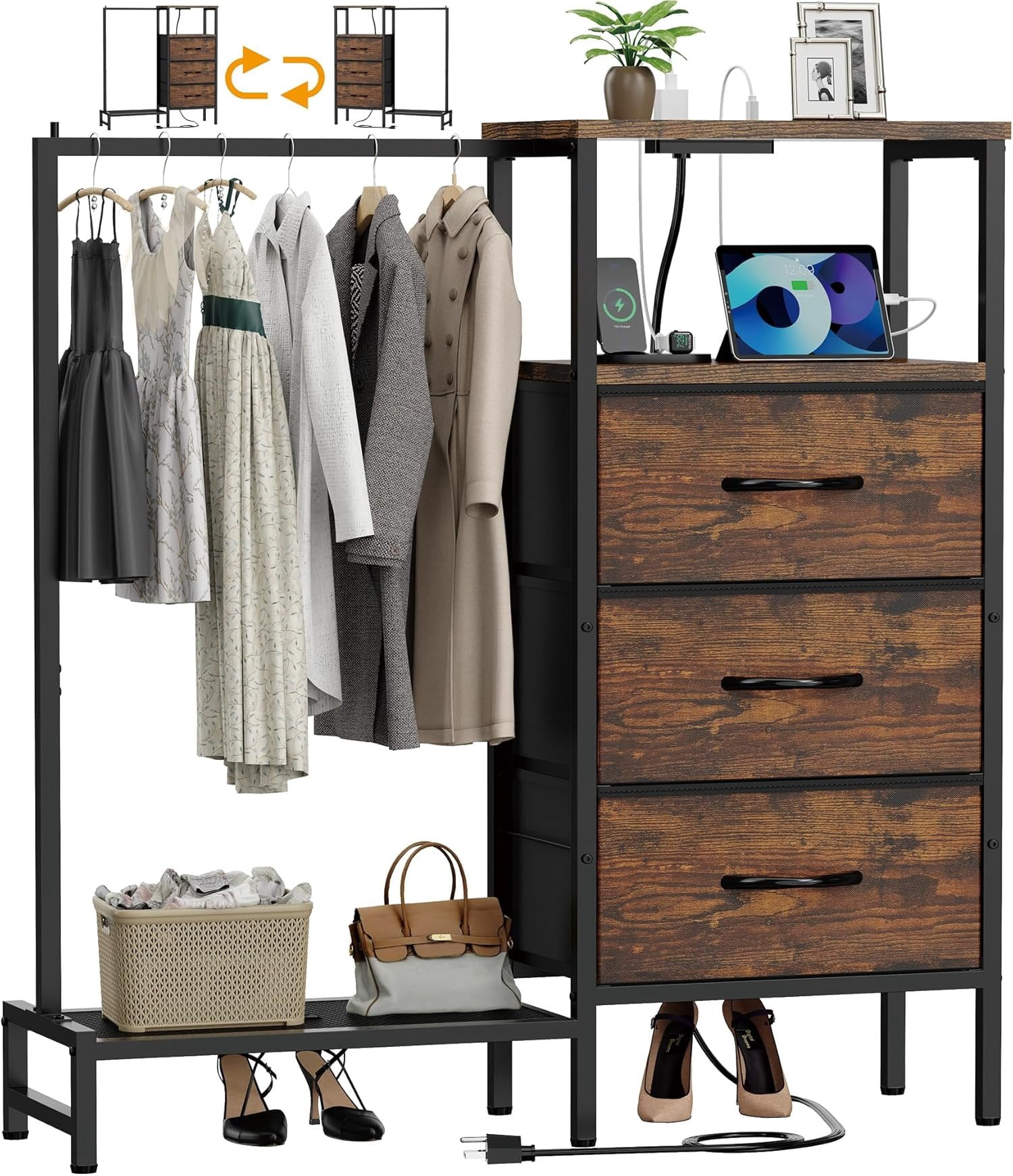 Bedroom Rak Dresser for Bedroom with Rack, 3 Drawers Closet with Station, Fabric ...