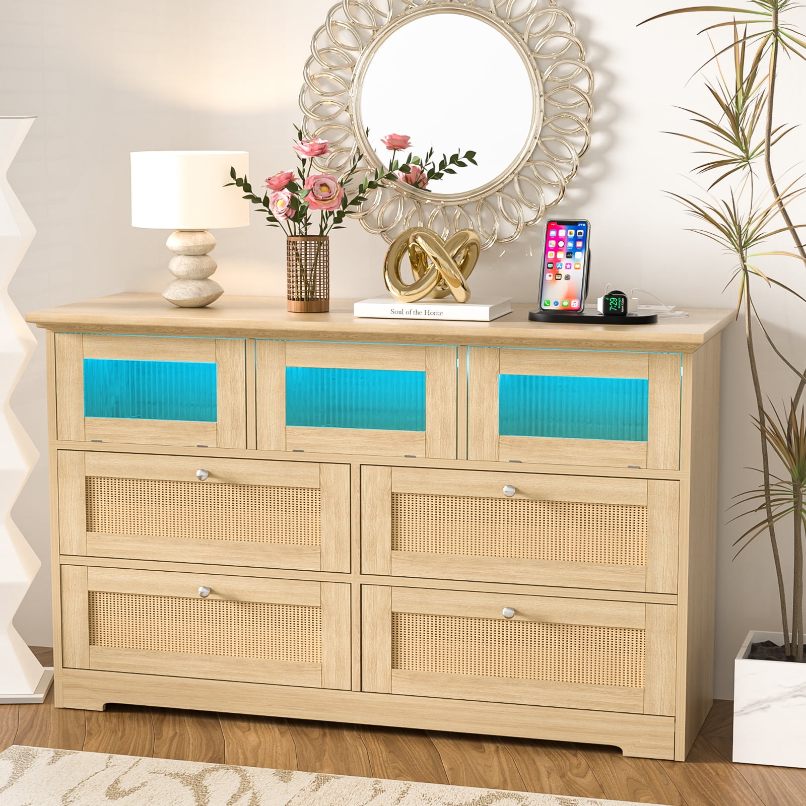 Solid Natural Furniture Boho 7Drawer Bedroom Dresser with Rattan