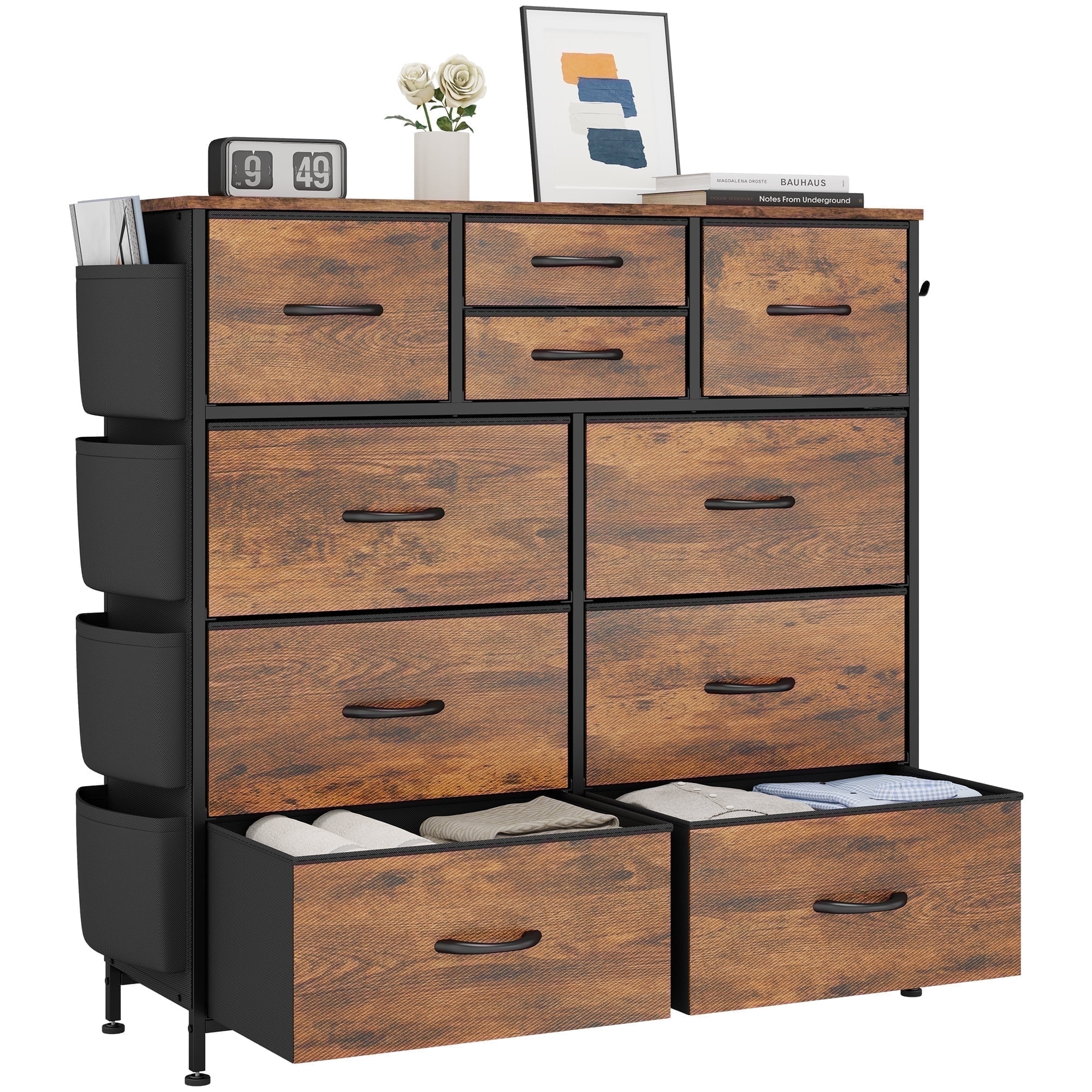 LainTene 10 Drawer Dresser, Fabric Dressers for Bedroom, Modern Storage Chest of Drawer with Side Pockets for Home Entryway, Guest Room, Small Spaces, Rustic Brown