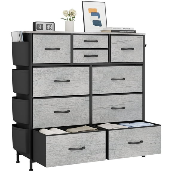 LainTene 10 Drawer Dresser, Fabric Dressers for Bedroom, Modern Storage Chest of Drawer with Side Pockets for Home Entryway, Guest Room, Small Spaces, Oak