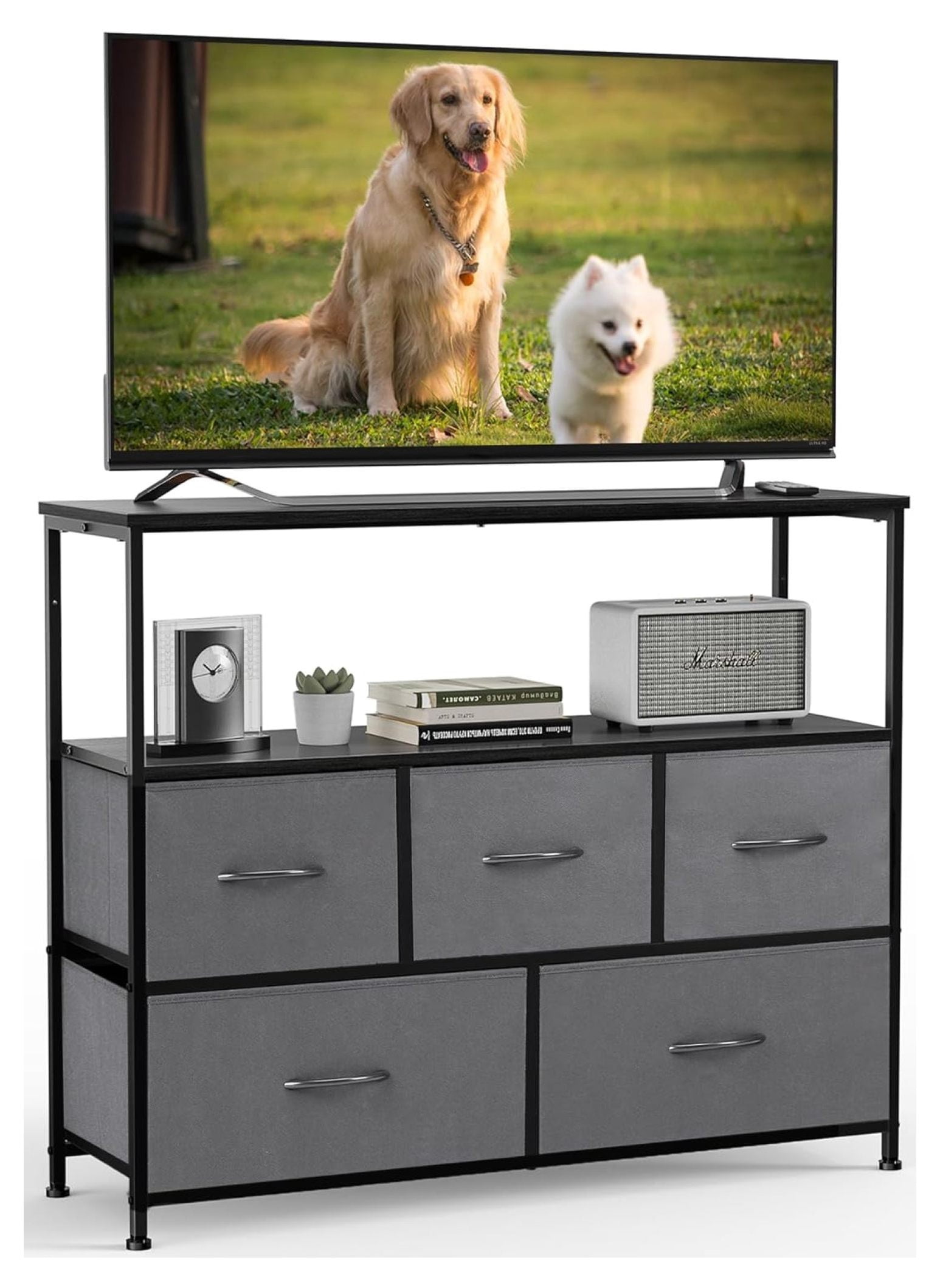 Dresser for Bedroom, TV Stand with 5 Fabric Drawers and Open Media