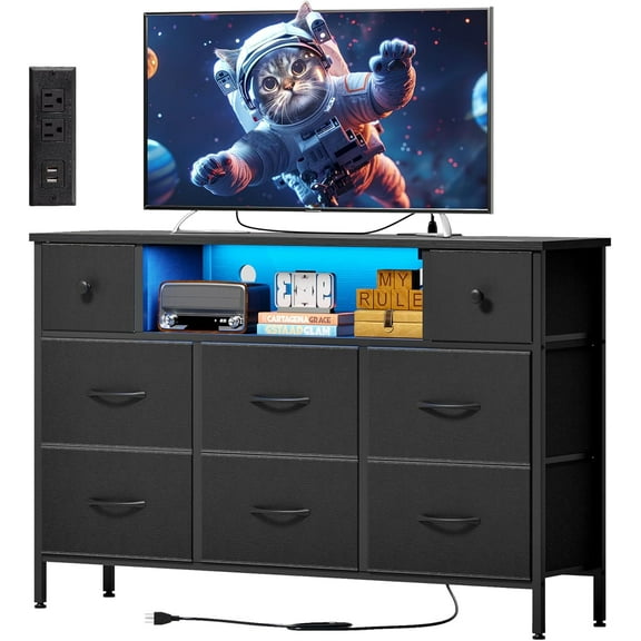 Dresser for Bedroom TV Stand for 55 Inch TV with Charging Station and LED Light, Fabric Chest of Drawers, 8 Drawer Kids Dressers for Boys Bedroom, Living Room, Closet (Black)
