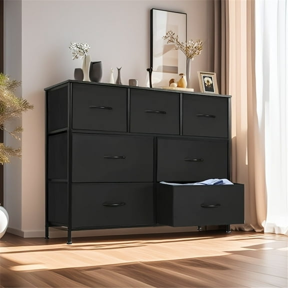 Dresser For Bedroom, TV Stand Fabric Storage Bins With 7 Drawers Storage Fabric Drawers, Chest Of Drawers With Wooden Top For TV Up To 45 Inches, Storage Drawer Units
