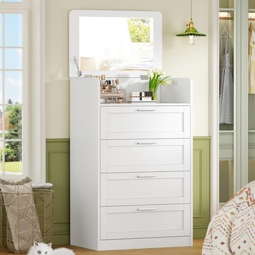 Dresser for Bedroom, Tall White Dresser with 4 Drawers, Dressers with Mirror, Chest of Drawers for Bedroom, Living Room, Closet, Hallway, White$$Home Decor, Kitchen, & Other
