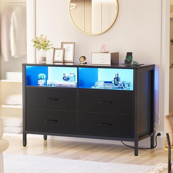 Dresser for Bedroom, Wooden Bedroom Dresser with LED Lights and Charging Station, 4 Drawers Dressers, Wide Chest of Drawers Storage Organizer TV Stand for up to 50" TV for Living Room, Black