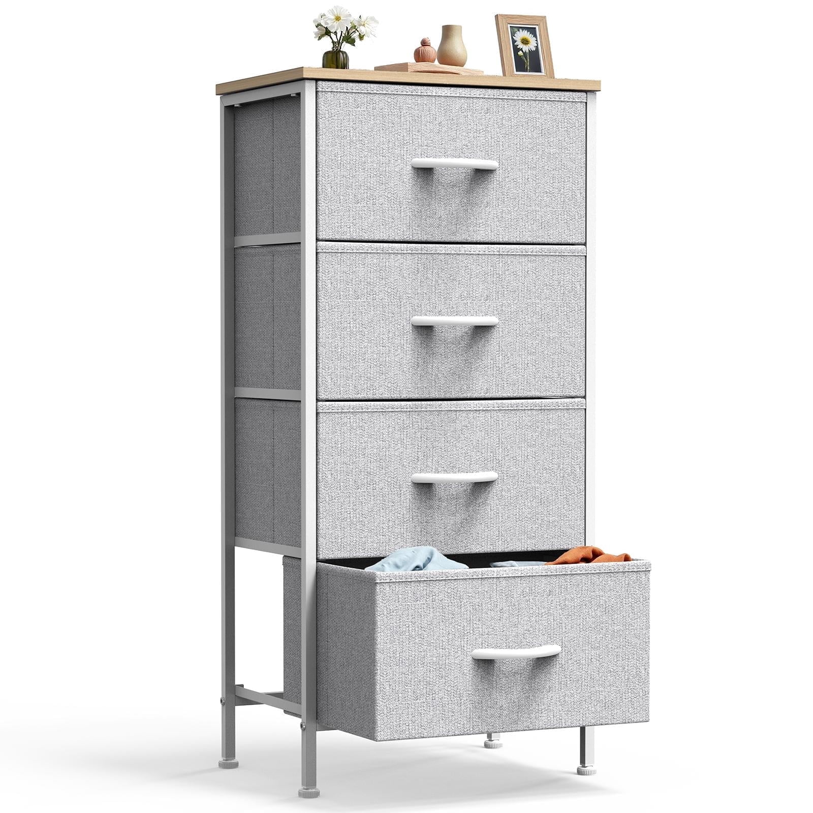 Dresser, Betcozy Storage Organizer with 4 Drawers for Bedroom, Nightstands with Sturdy Metal Frame, Wood Tabletop for LivingRoom, Entryway,Light Gray