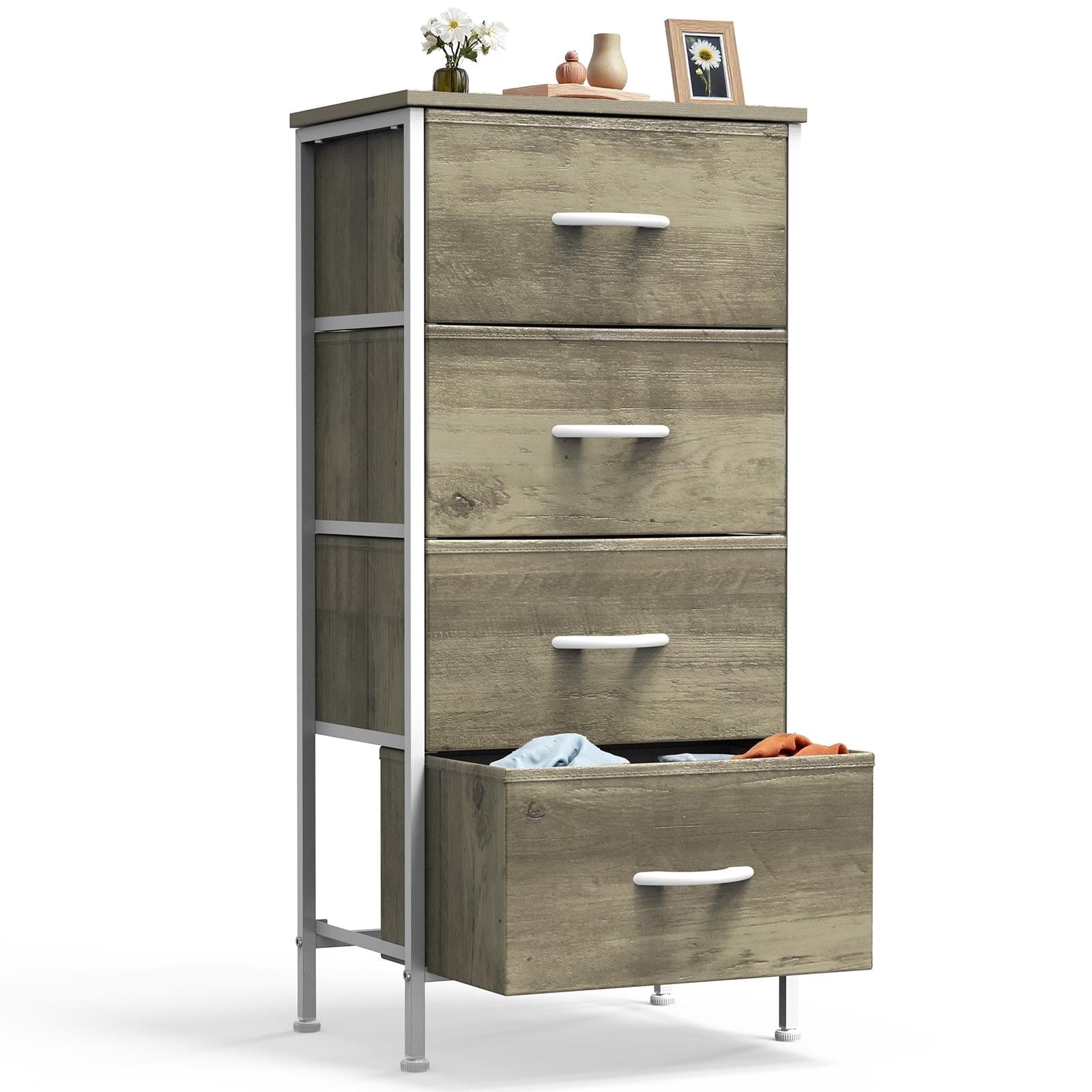 Dresser, Betcozy Storage Organizer with 4 Drawers for Bedroom, Nightstands with Sturdy Metal Frame, Wood Tabletop for LivingRoom, Entryway,Smoked ash