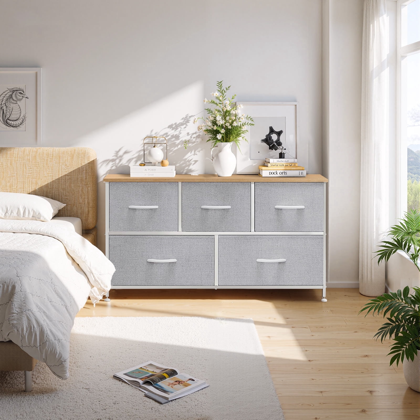 Dresser, Betcozy Storage Organizer with 5 Drawers for Bedroom, Chest of Drawers with Fabric Bins, Sturdy Metal Frame, Wood Tabletop, Light Gray