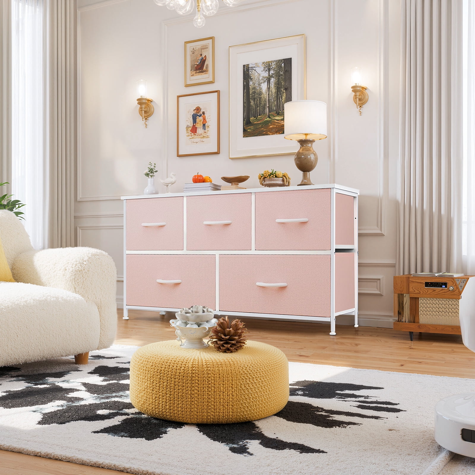 Dresser, Betcozy Storage Organizer with 5 Drawers for Bedroom, Chest of Drawers with Fabric Bins, Sturdy Metal Frame, Wood Tabletop, Pink