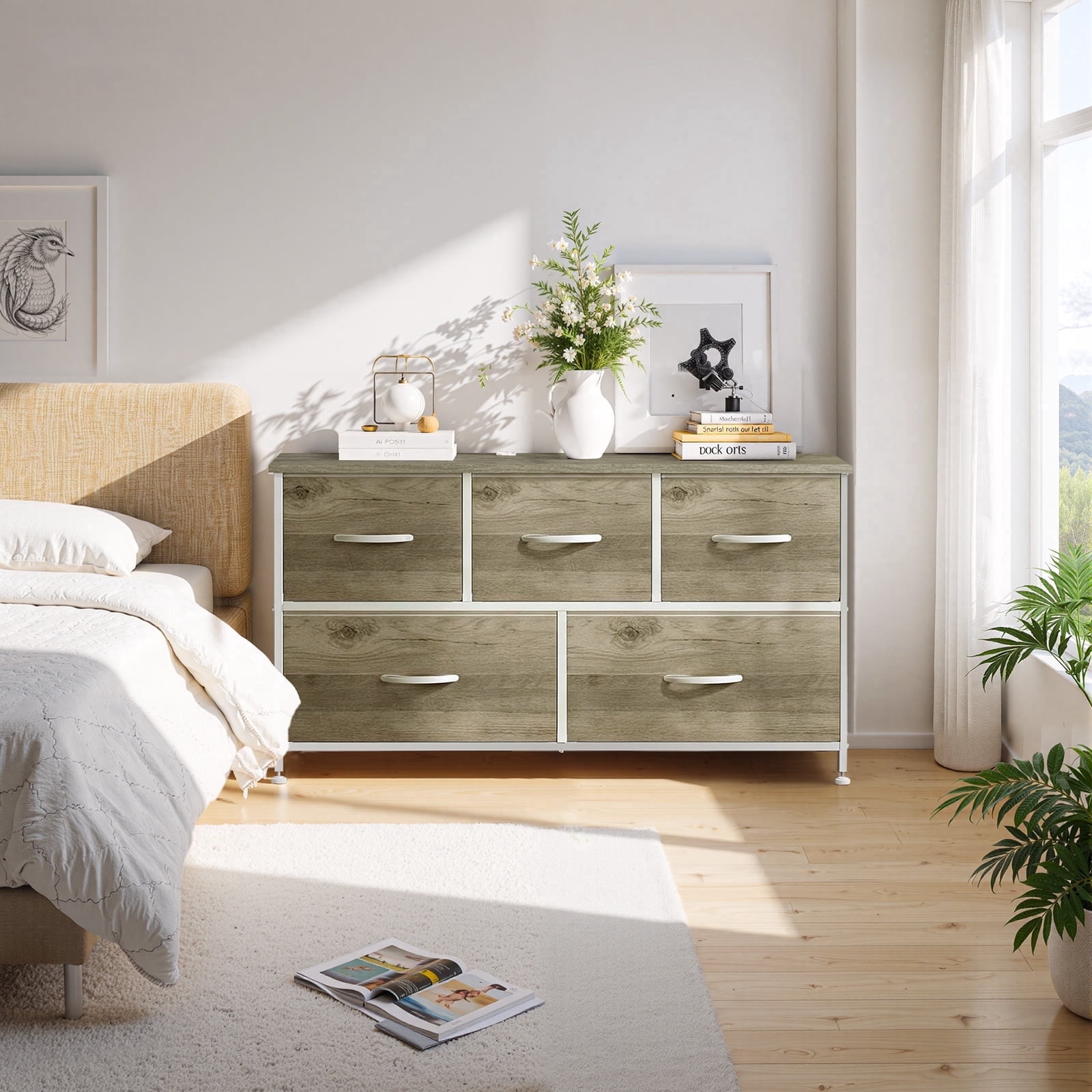 Dresser, Betcozy Storage Organizer with 5 Drawers for Bedroom, Chest of Drawers with Fabric Bins, Sturdy Metal Frame, Wood Tabletop, Smoked ash
