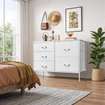 Dresser, Betcozy Storage Organizer with 5 Drawers for Bedroom, Chest of Drawers with Fabric Bins, Sturdy Metal Frame, Wood Tabletop for Guest Room, Closet, Entryway, Nursery, White