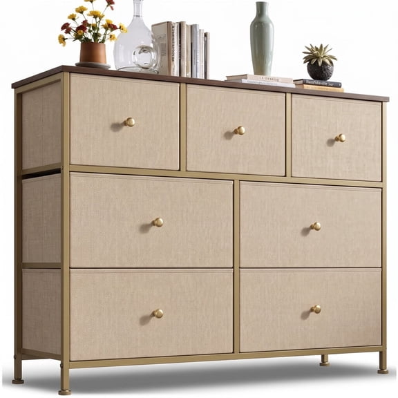 Dresser, Betcozy Storage Organizer with 7 Drawers for Bedroom, Chest of Drawers with Fabric Bins, Sturdy Metal Frame, Wood Tabletop for Guest Room, Closet, Entryway, Nursery, Khaki