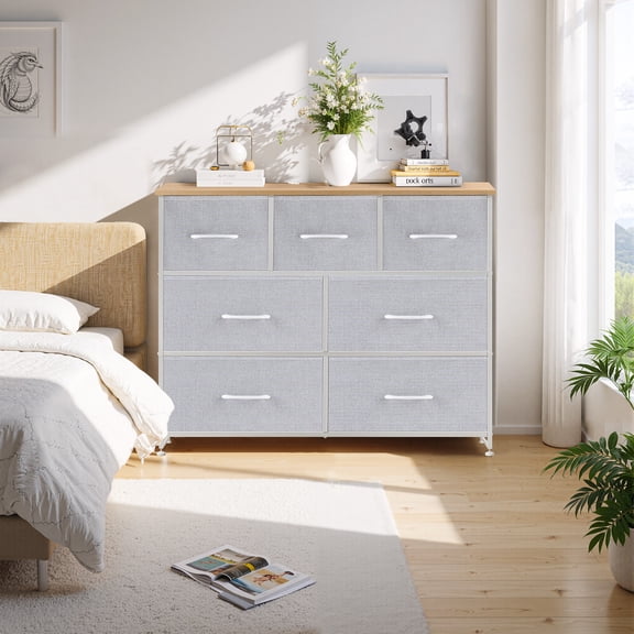 Dresser, Betcozy Storage Organizer with 7 Drawers for Bedroom, Chest of Drawers with Fabric Bins, Sturdy Metal Frame, Wood Tabletop for Guest Room, Closet, Entryway, Nursery, Light Gray