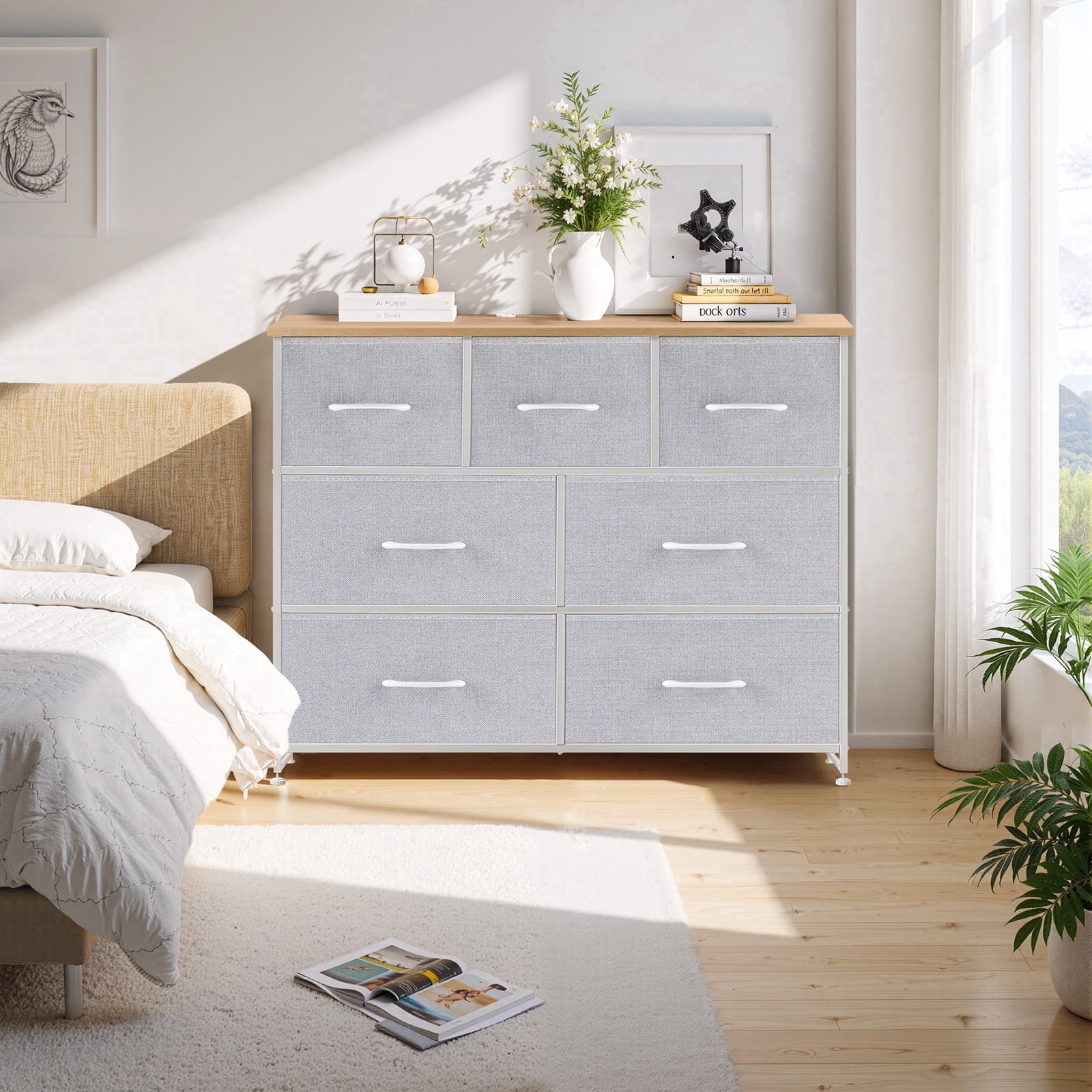 Dresser, Betcozy Storage Organizer with 7 Drawers for Bedroom, Chest of Drawers with Fabric Bins, Sturdy Metal Frame, Wood Tabletop for Guest Room, Closet, Entryway, Nursery, Light Gray