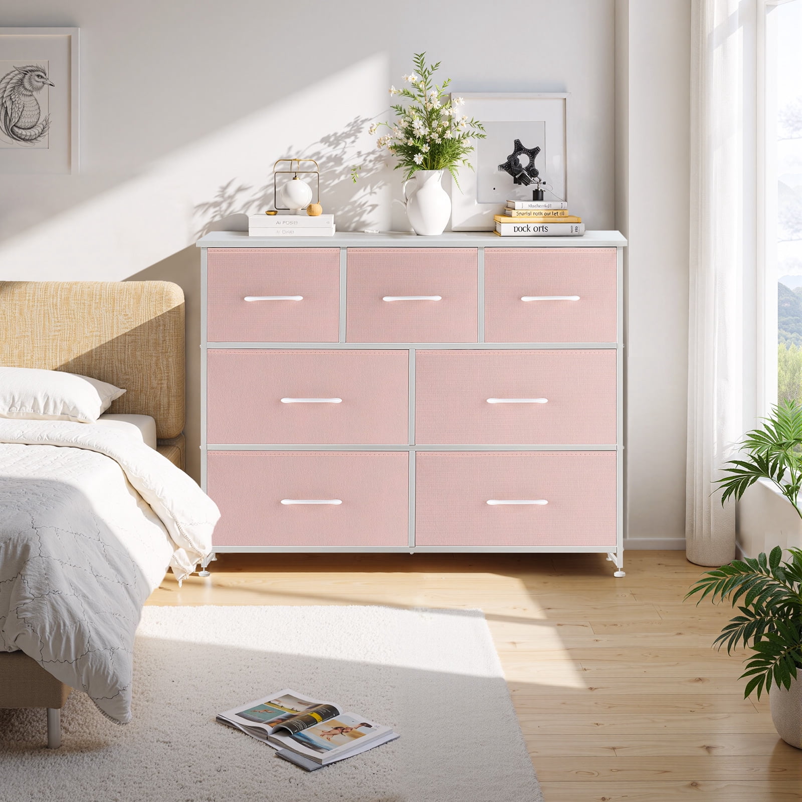 Dresser, Betcozy Storage Organizer with 7 Drawers for Bedroom, Chest of Drawers with Fabric Bins, Sturdy Metal Frame, Wood Tabletop for Guest Room, Closet, Entryway, Nursery, Pink