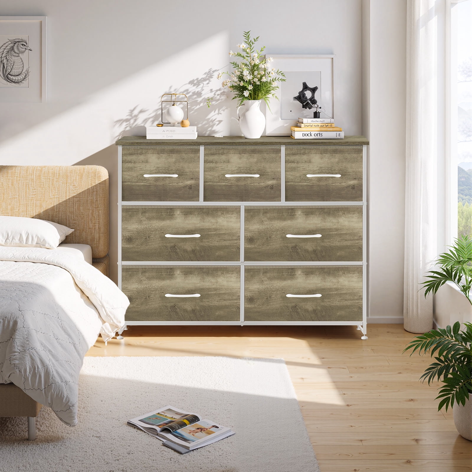 Dresser, Betcozy Storage Organizer with 7 Drawers for Bedroom, Chest of Drawers with Fabric Bins, Sturdy Metal Frame, Wood Tabletop for Guest Room, Closet, Entryway, Nursery, Smoked ash