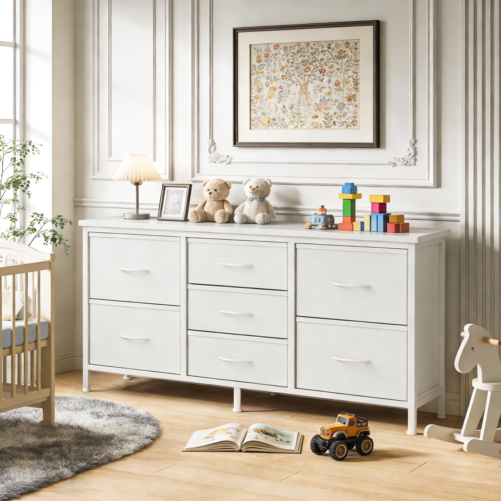 Dresser, Betcozy Storage Organizer with 7 Drawers for Bedroom, Chest of Drawers with Fabric Bins, Sturdy Metal Frame, Wood Tabletop for Guest Room, Closet, Entryway, Nursery, White