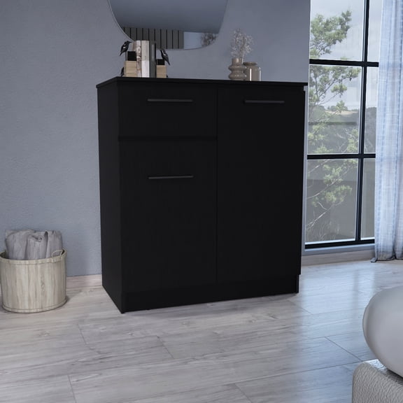 Dresser In Black Color. Drawer And 2-door Cabinets For Storage. Compact Design Space. Stylish Handles Access. Smooth Finish Cleaning. 35.9 In. High. 35.08 Wide. 19.98 Deep. 45.2 Lb. Heavy.