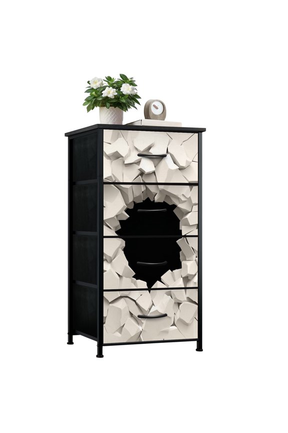 Dresser for Boys Bedroom with 4 Storage Drawers Abstract Cracked White Hole Black Dressers Chest of Drawers Steel Framed Fabric Closet Organizers for Dorm Entryway Men Cave