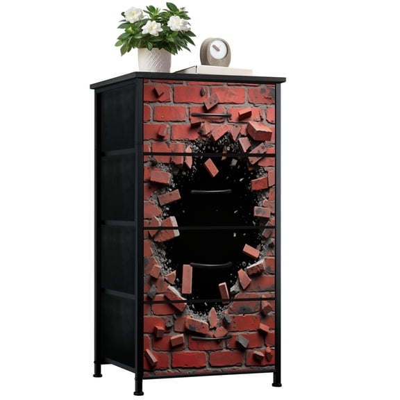 Dresser for Boys Bedroom with 4 Storage Drawers Broken Brick Wall Cracked Hole Debris Dressers Chest of Drawers Steel Framed Fabric Closet Organizers for Dorm Entryway Men Cave