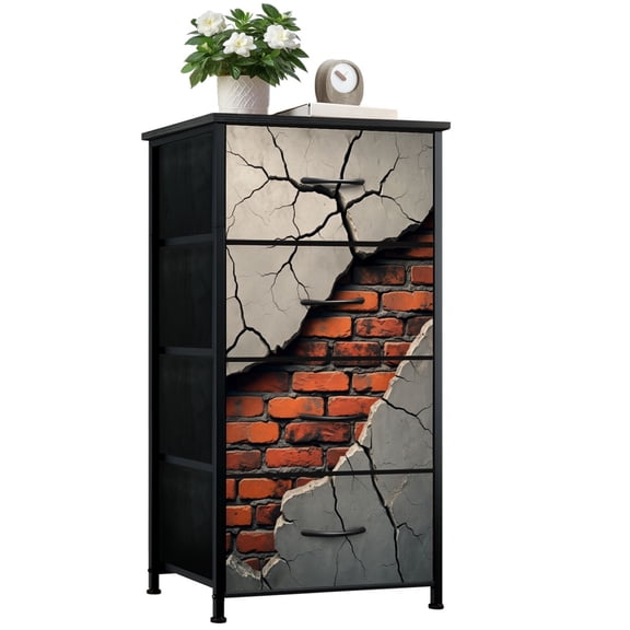 Dresser for Boys Bedroom with 4 Storage Drawers Cracked Concrete Wall Revealing Red Brick Urban Industrial Dressers Chest of Drawers Steel Framed Fabric Closet Organizers for Dorm Entryway Men Cave