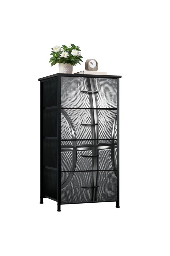 Dresser for Boys Bedroom with 4 Storage Drawers Metallic Basketball Texture Silver Detailed Pebbled Dressers Chest of Drawers Steel Framed Fabric Closet Organizers for Dorm Entryway Men Cave
