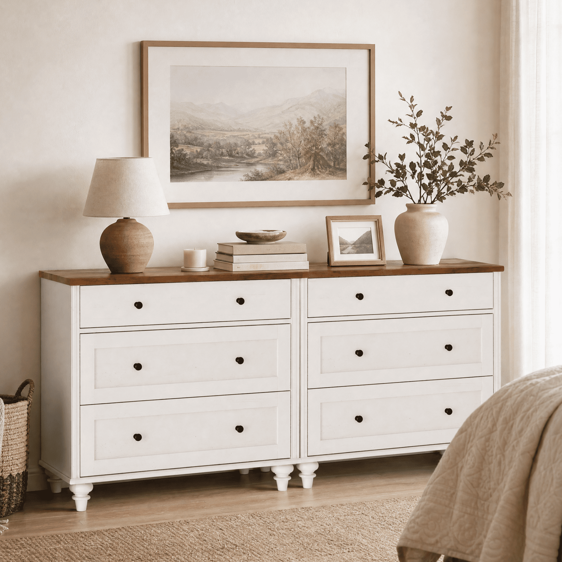 mid century modern small dresser Mid-Century Six Drawer sustainably sourced wood and covered in water Noak White Walnut Dresser -