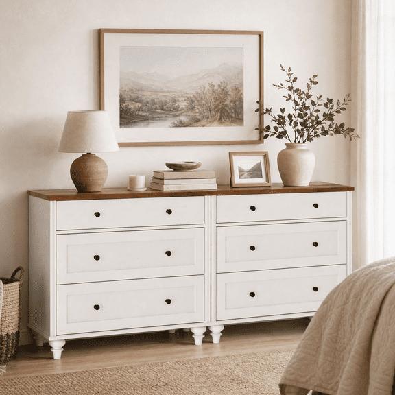 Dresser Cabinet with 6 Drawers, Mid-Century Modern Wooden Bedroom Closet Storage Organizer, Farmhouse Small Dressers Suitable for Living Room, Nursery, and Hallway, White, 68 inch