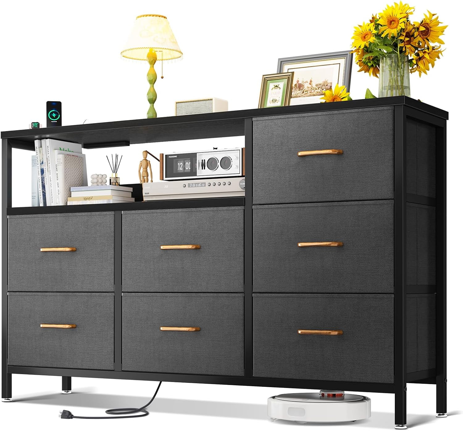 Dark Grey Fabric Dresser with Charging Station and Shelves