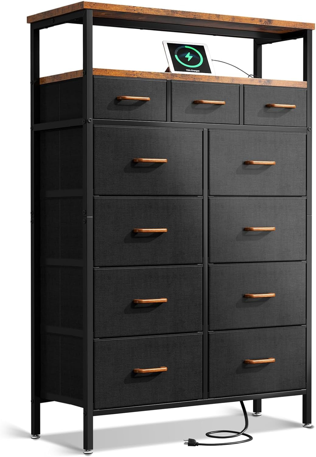 Tall Black and Dark Grey Dresser with Charging Station and 11 Drawers