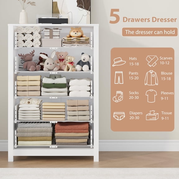 Dresser Chest for Bedroom, 5 Drawer Storage Cabinet with Deep Drawers for Bedroom, Living Room, Entryway, Hallway