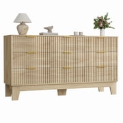Dresser, Chest of Drawers 9-Drawer 59" Wide Fluted Wood - Metal Handles, TV Stand & Storage for Bedroom Living Room Hallway, Oak