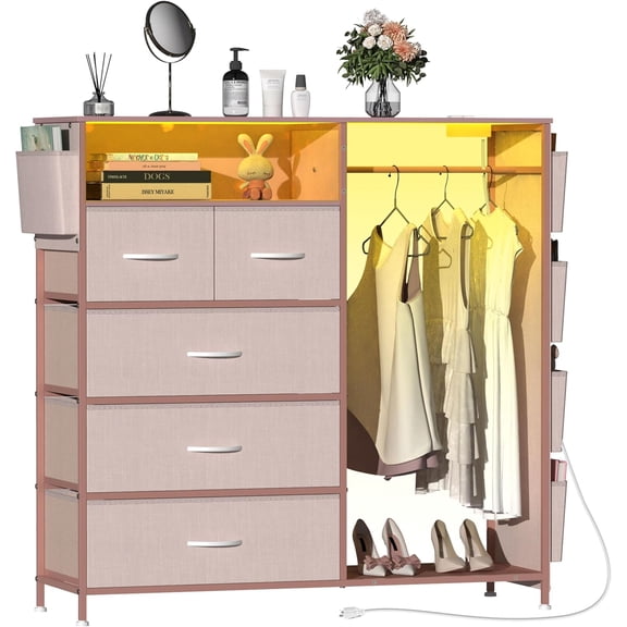 Dresser for  with Clothes Rack Side Pockets 5 Drawer Dresser with  Station  Lights Black Storage Chest of Drawers for Hallway Closet Sturdy  Frame   ()