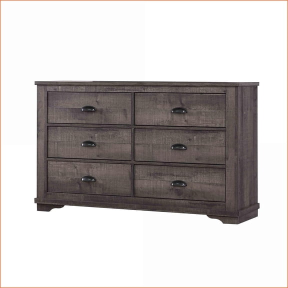 Dresser, Contemporary 6-Drawer Wooden Rustic Gray, 59.1W x 16.9D x 35.6H | Gray | Wood